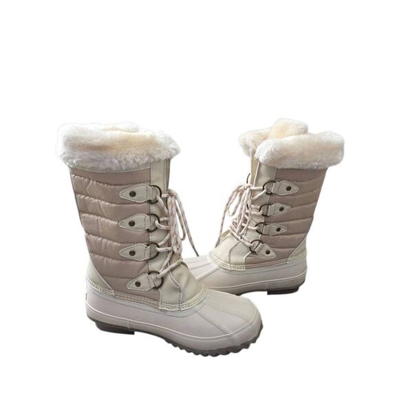 Khombu Winter Fur Boots Cream Lace Up Duck Boots Water Resistant Size 6 NEW - Picture 6 of 9